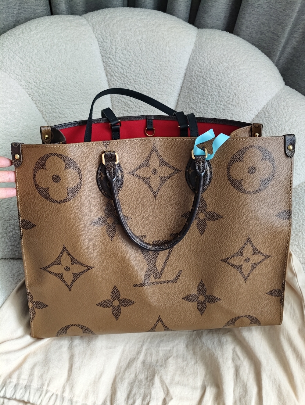 Louis Vuitton Monogram Canvas Tote with Red Interior and Black Straps - Picture 7 of 11